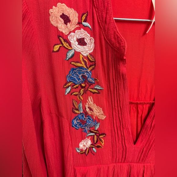 Free People Red Floral Embroidered Boho Tunic Top Small Long Sleeve Peasant - Picture 3 of 13